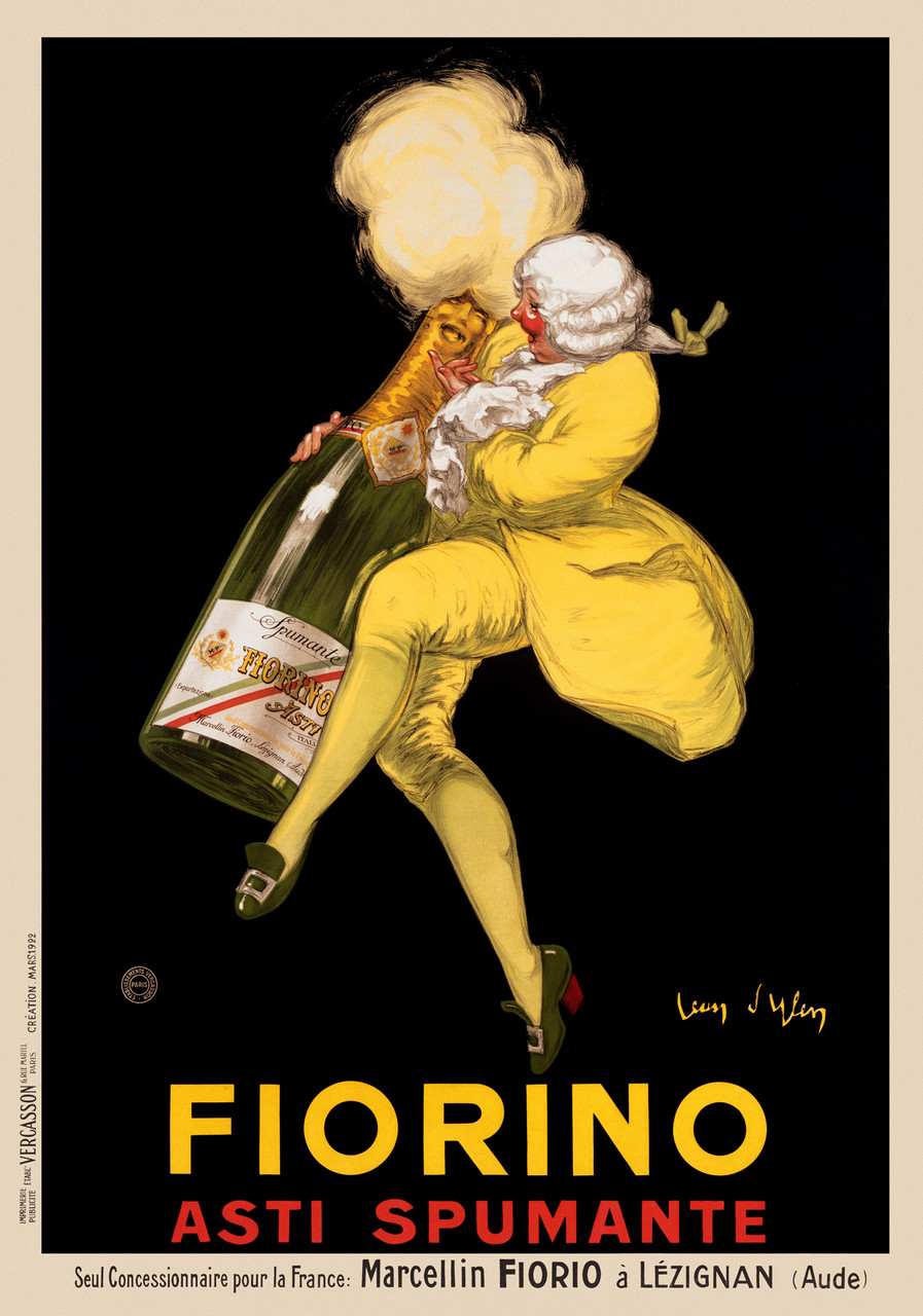 Fiorino Asti Spumante Vintage Poster by Jean D'Ylen 1922 French Champagne Advertisement – High Quality Giclee Reproduction Fine Art Print. Featuring a cheerful figure dressed in yellow with a puffy wig, holding a large bottle of Fiorino Asti Spumante with the cork bursting and clouds of foam emerging, set against a dark background.