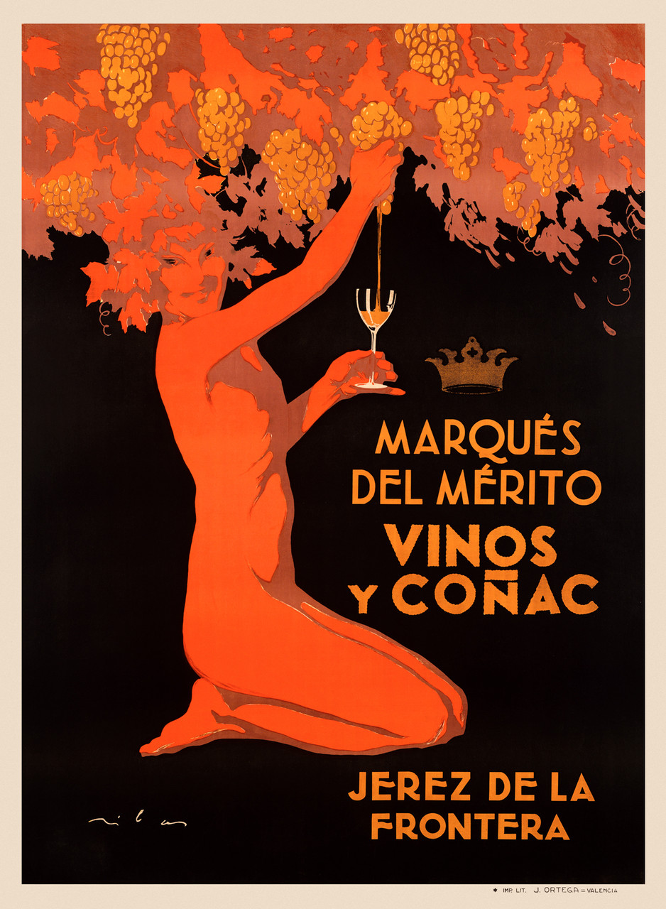 Marques Del Merito Vinos Y Conac 1905 Spain - Beautiful Vintage Poster Reproduction. This Spanish wine and spirits poster features a red woman kneeling with grapes above her squeezing wine into a glass on a black background. Giclee Advertising Prints. Fine Art Classic Posters