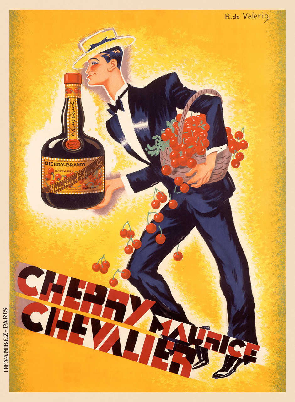 Cherry Maurice Chevalier Poster by Roger de Valerio 1925 Vintage French Brandy & Spirits Advertisement – High Quality Giclee Reproduction Fine Art Print. Featuring a stylish man in a tuxedo with a basket of cherries and a bottle of Cherry Brandy, set against a vibrant yellow background.