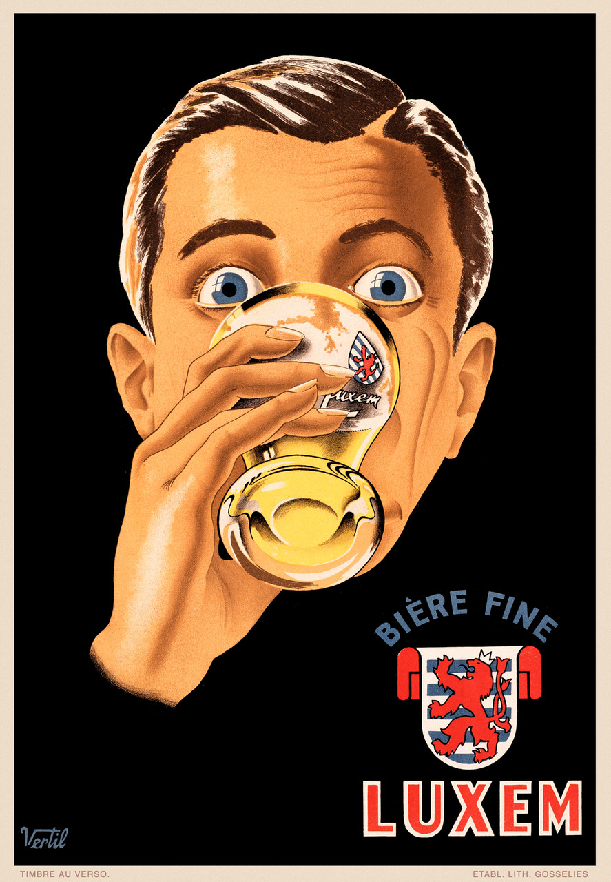 Biere Fine Luxem by Vertil 1930 Belgium - Beautiful Vintage Poster Reproduction. This Belgian wine and spirits poster features man's head and hand drinking a glass of beer on a black background.  Giclee Advertising Print. Classic Posters