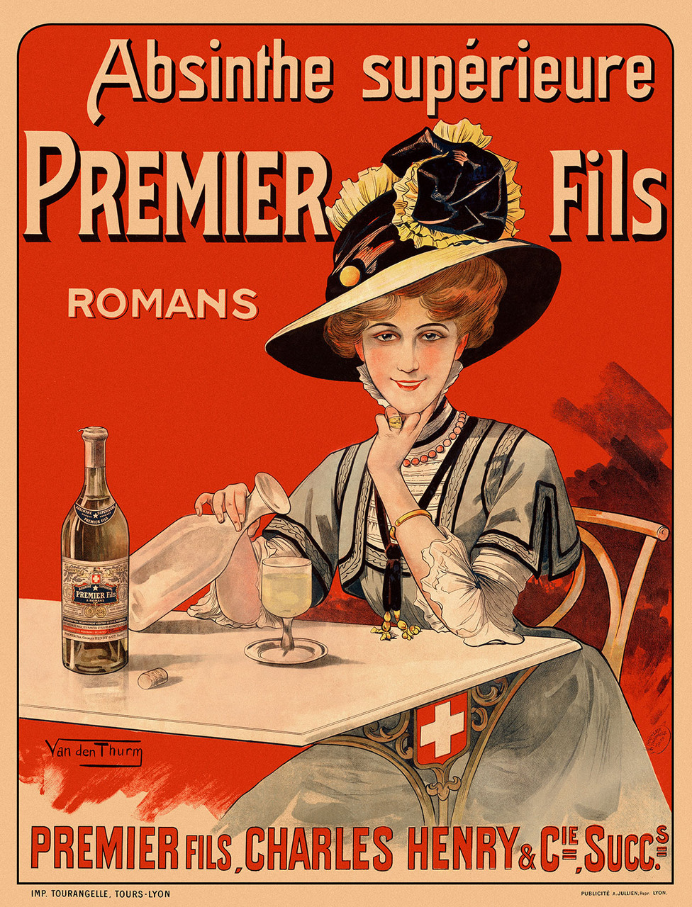 Absinthe Premier Fils Poster Vintage Poster by Van den Thurm 1898 French Absinthe & Spirits Advertisement – High Quality Giclee Reproduction Fine Art Print. Featuring a woman in an elegant dress and hat pouring Absinthe into a glass, with a bottle and a glass on the table, set against a bold red background adorned with the Swiss flag.