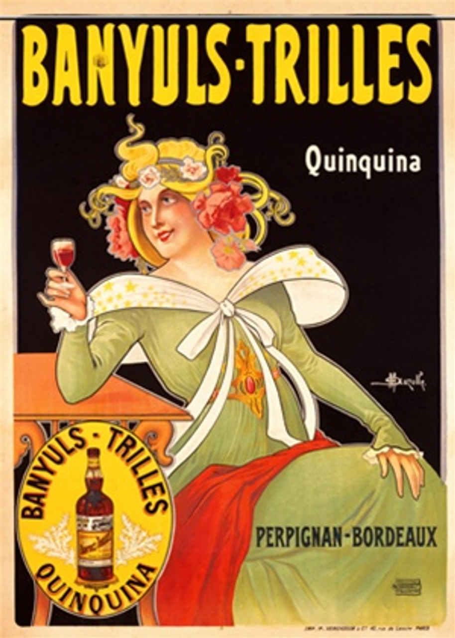 Banyuls Trilles Quinquina Vintage Poster by M. Auzolle. French wine and spirits poster features a woman in a dress and flower hat sits at a table holding a glass against a black background. Giclee Advertising Prints. Classic Posters