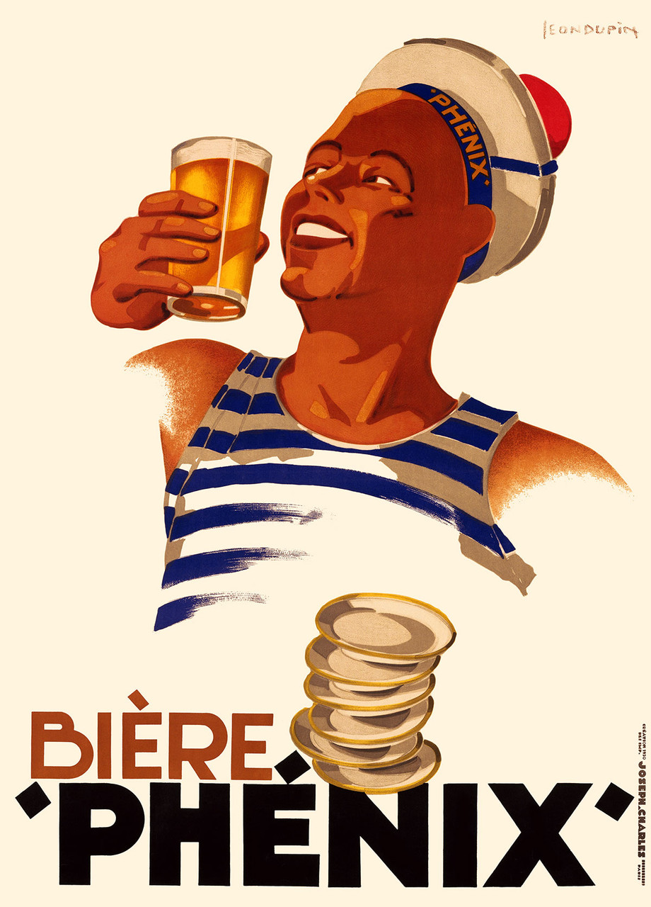 Biere Phenix Vintage Poster by Leon Dupin 1930 French Beer Advertisement – High Quality Giclee Reproduction Fine Art Print. Featuring a cheerful sailor in a striped shirt raising a glass of beer, with a stack of plates in the foreground, set against a light background.