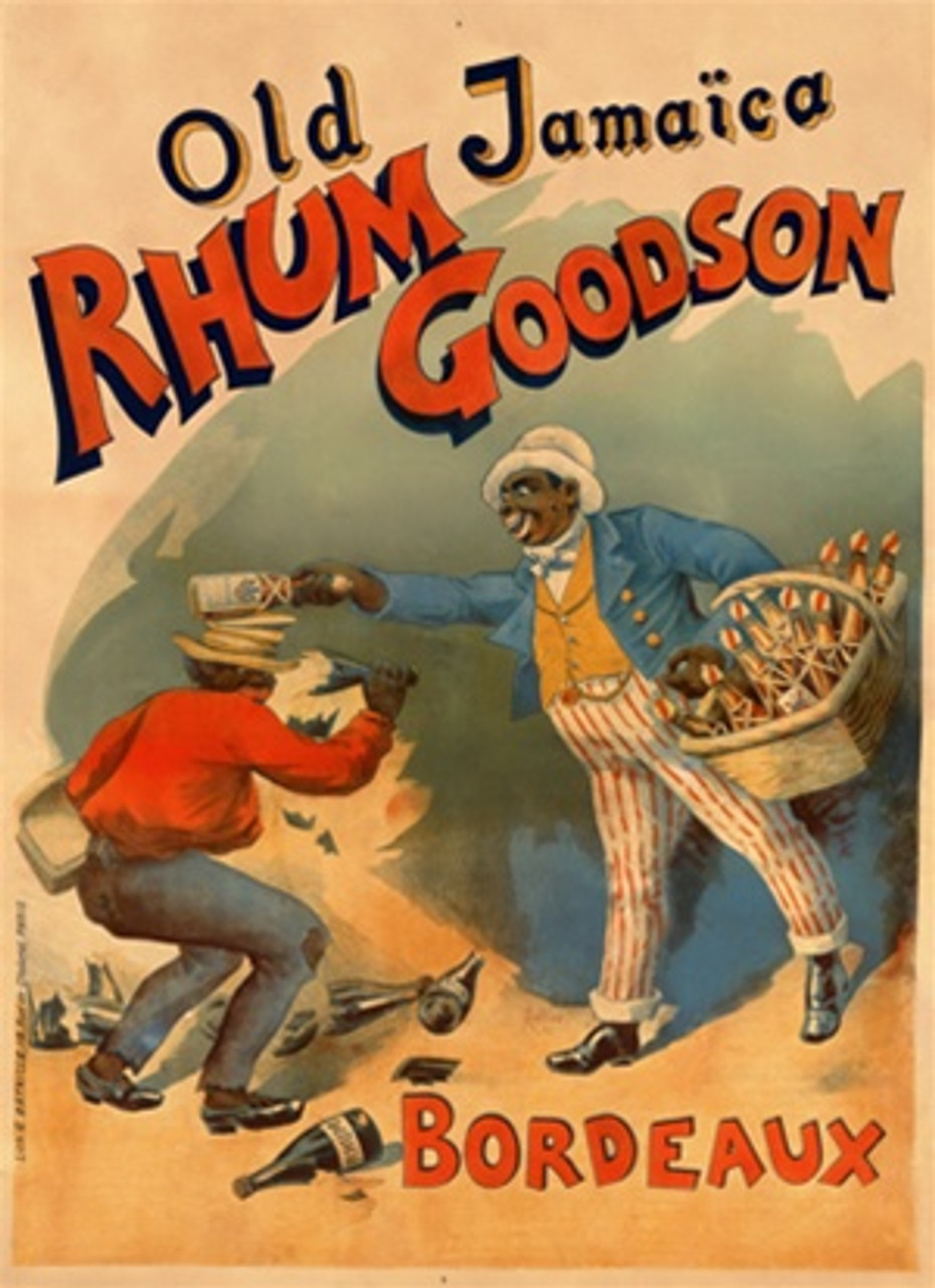 Old Jamaica Rhum Goodson Bordeaux 1893 France Vintage Poster Reproduction. This vertical French wine and spirits poster features a man breaking a bottle over another mans head with broken bottles all around him. Giclee Advertising Prints. Fine Art Posters