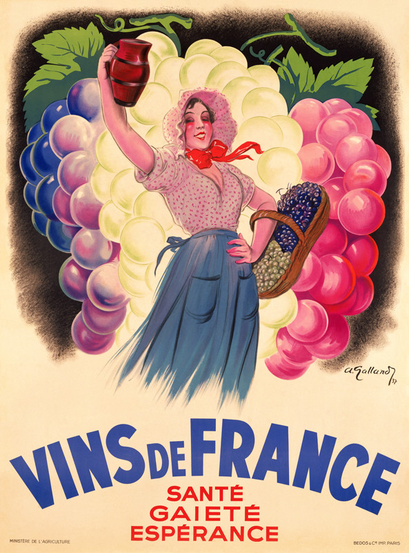 Vins de France Vintage Poster by Galland 1937 French Fine Art Print.