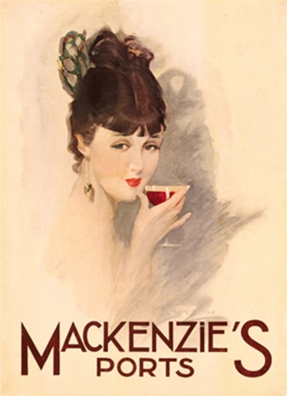 McKenzie's Ports 1920 England Vintage Poster Reproduction. This vertical English wine and spirits poster features a women sipping a glass of wine on an off white background. Giclee Advertising Prints. Classic Posters