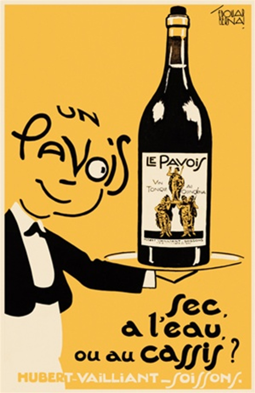 Le Pavois by Bernard 1934 France - Vintage Poster Reproductions. This vertical French wine and spirits poster features a cartoon waiter whose face spells un pavois holding a tray with a bottle against yellow. Giclee Advertising Prints. Classic Posters