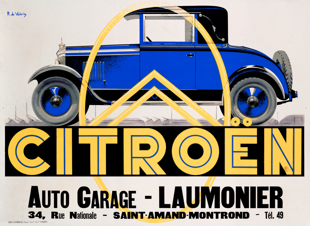 Citroen Auto Garage by R. de Valerio 1925 France Vintage Poster Reproductions. This horizontal French transportation poster features a blue car with the oval yellow logo with 2 triangles overlapping it. Giclee Advertising Prints. Classic Posters