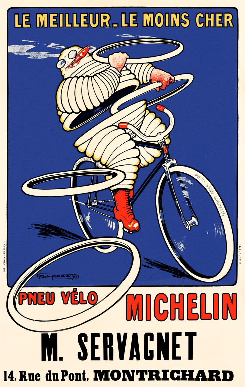 Pneu Velo Michelin by Roowy 1912 France - Beautiful Vintage Poster Reproduction. This vertical French transportation poster features a man made of rings of tires riding a bicycle smoking a cigar against a blue background. Giclee Advertising Prints