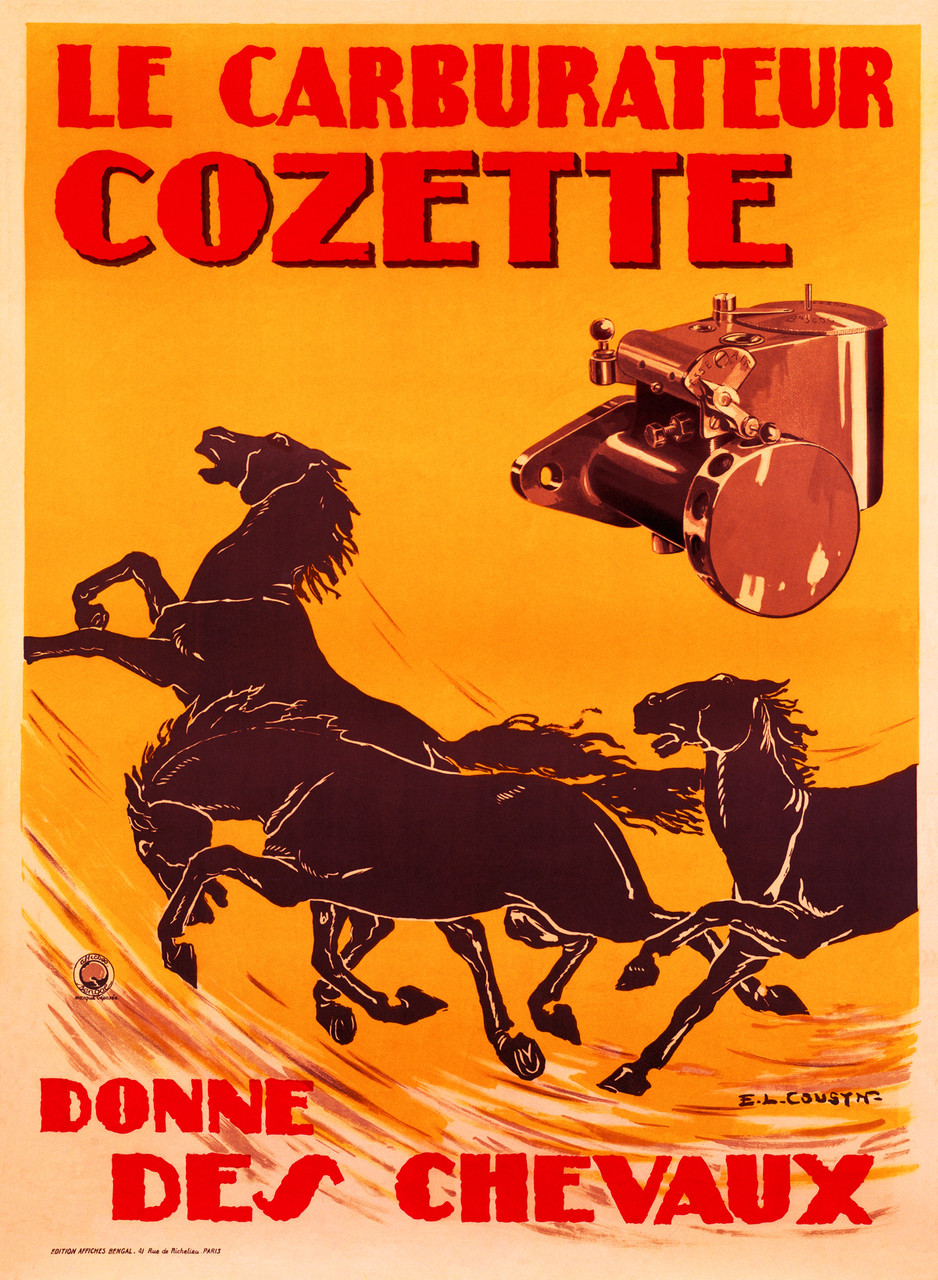 Le Carburateur Cozette 1930 France Vintage Poster Reproduction. This vertical French transportation poster features a carburetor with horses running below it on a yellow background. Giclee Advertising Prints. Classic Posters