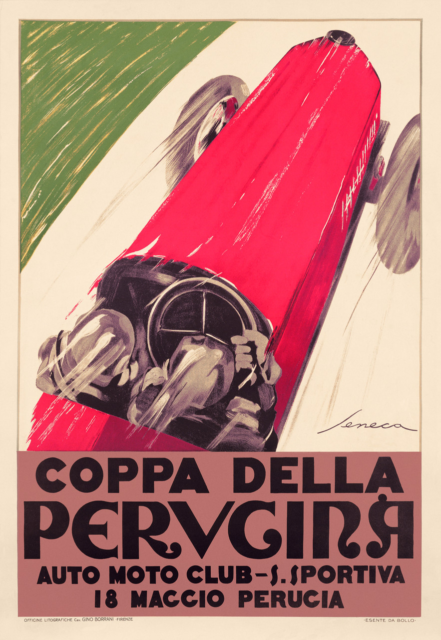 Coppa Della Pervgina Auto Moto Club by Frederico Seneca 1924 Italy Vintage Poster Reproduction. This vertical Italian transportation poster features a red car viewed from above racing up a white road next to green grass. Giclee Advertising Prints. Classic Posters.