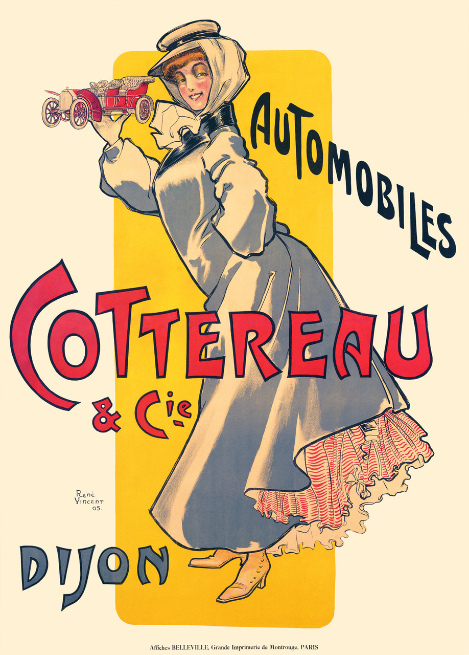 Automobiles Cottereau by Rene Vincent 1905 France Vintage Poster Reproduction. This vertical French transportation poster features a woman in a light blue coat and hat holding up a small red antique car. Giclee Advertising Prints. Classic Posters