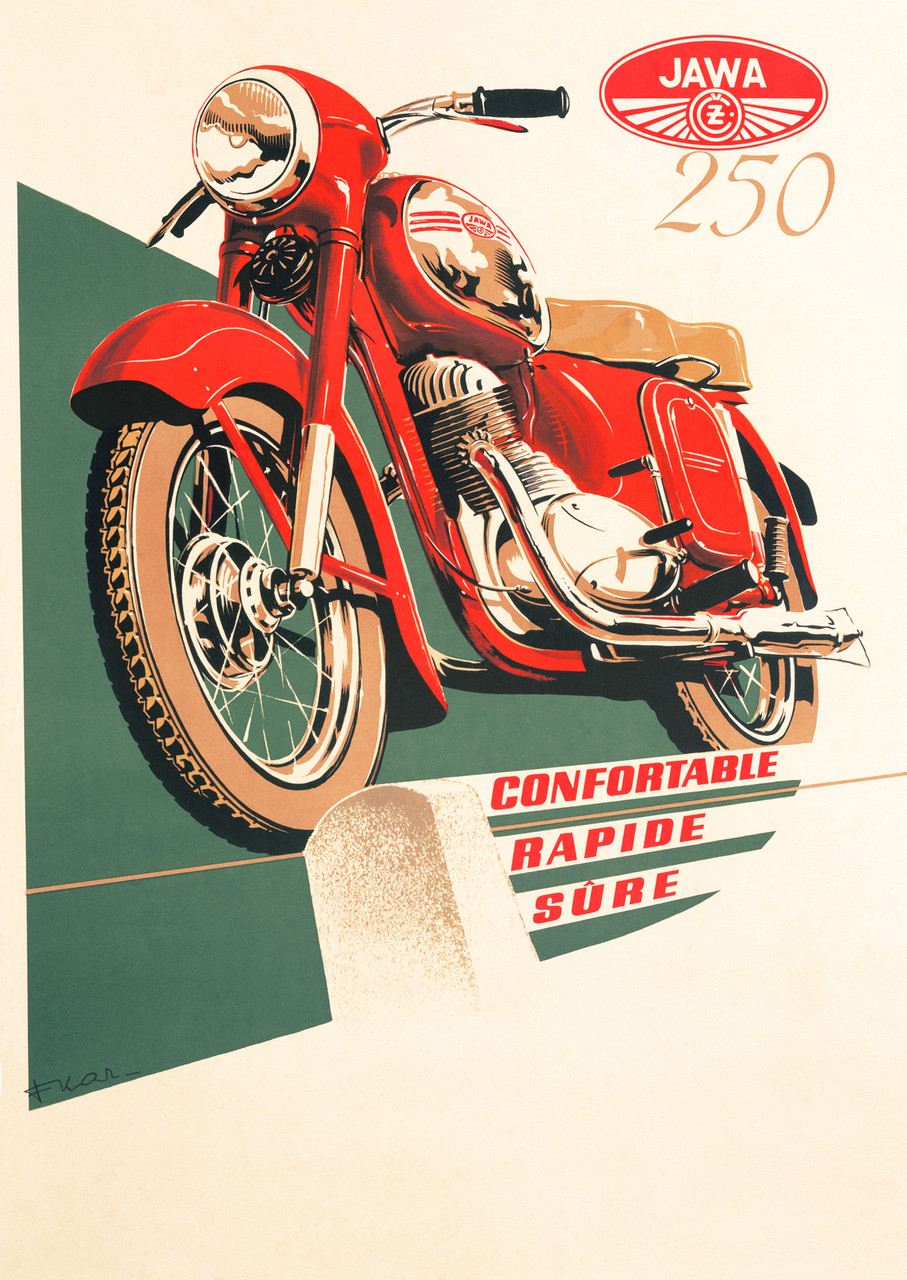 Motorcycle JAWA 250 1950's Czechoslovakian Vintage Poster Reproduction. This vertical Czech transportation poster features a red motorcycle on green and white background above the words confortable, rapide, sure. Giclee Advertising Prints. Classic Posters