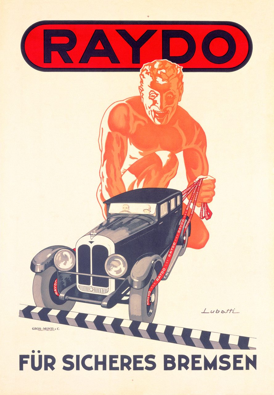 Raydo Car by Lubatti 1930 Italy Vintage Poster Reproduction. This vertical Italian transportation poster features a giant orange man holding leads to stop a car at a black and white barrier. Giclee Advertising Prints. Classic Posters