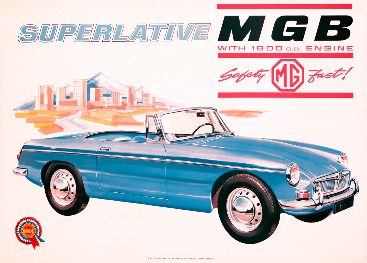 MGB Car 1960 England  Vintage Poster Reproduction. This horizontal English transportation poster features a lite blue convertible with a mountain and skyline in the distance. Giclee Advertising Print. Classic Posters