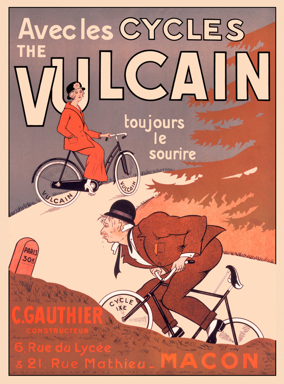 Cycles Vulcain 1910 France - Vintage Poster Reproductions. This vertical French transportation poster features a woman on a bike with vulcain tires at the top of a hill and a man struggling on a competitors tires. Giclee Advertising Print. Classic Posters