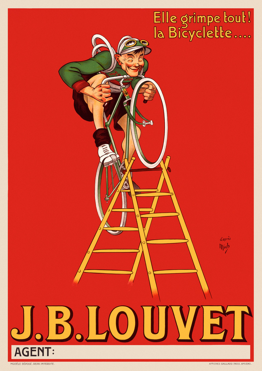 J.B Louvet bicyclette poster by Mich - Beautiful Vintage Posters Reproduction. French transportation poster features a cyclist in a green jersey riding a bicycle up a latter against a red background. Giclee Advertising Print. Classic Posters