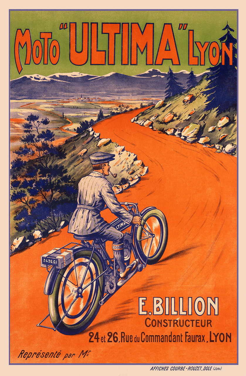 Moto Ultima Lyon Vintage Poster 1906 French Motorcycle Advertisement – High Quality Giclee Reproduction Fine Art Print. Featuring a rider on an Ultima motorcycle, navigating a winding road through a mountainous landscape, set against a bold orange and green backdrop.