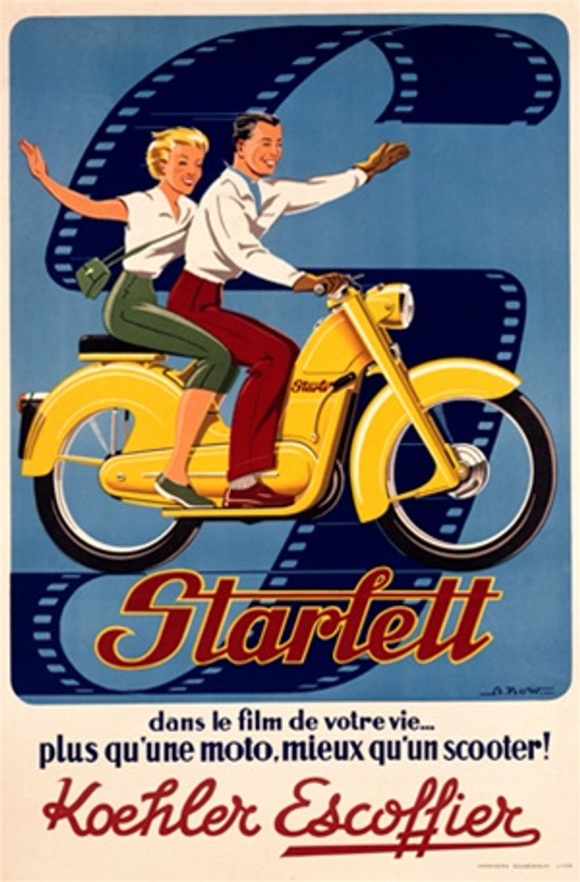 Starlett by A. Kow 1948 France - Beautiful Vintage Poster Reproductions. This vertical French transportation poster features a couple on a yellow scooter holding out their arms with a film strip S behind them. Giclee Advertising Print. Classic Posters