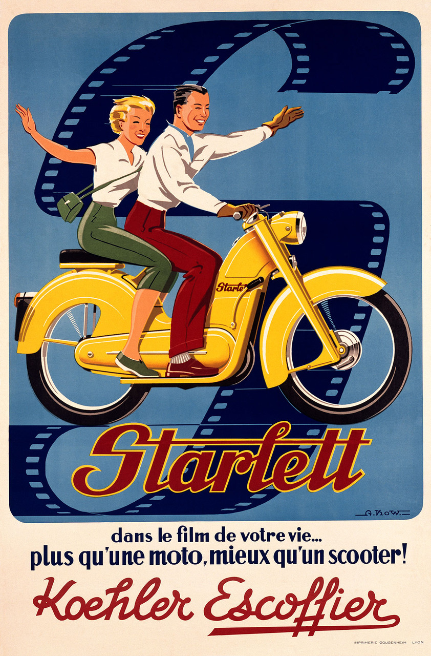 Starlett Scooter Vintage Poster by A. Kow 1948 French Motorcycle & Transportation Advertisement – High Quality Giclee Reproduction Fine Art Print. Featuring a cheerful couple riding a bright yellow Starlett motorcycle, with an S-shaped film reel backdrop set against a blue background, creating a sense of motion and excitement.