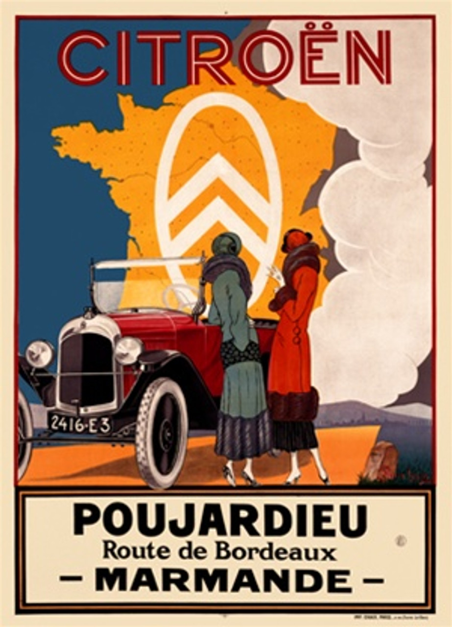Citroen by Pierre Loueys 1924 France - Beautiful Vintage Poster Reproductions. This vertical French transportation poster features two women standing next to a red car with smoke billowing up the right side. Giclee Advertising Print. Classic Posters
