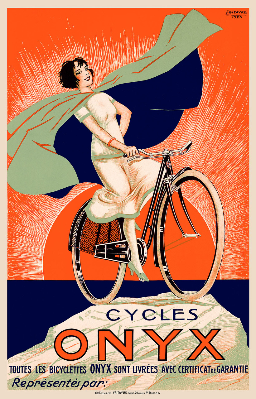 Cycles Onyx Vintage Poster by Fritayre 1925 French Bicycle & Transportation Advertisement – High Quality Giclee Reproduction Fine Art Print. Featuring a dynamic image of a woman riding an Onyx bicycle, her cape billowing behind her against a vibrant red and blue background.
