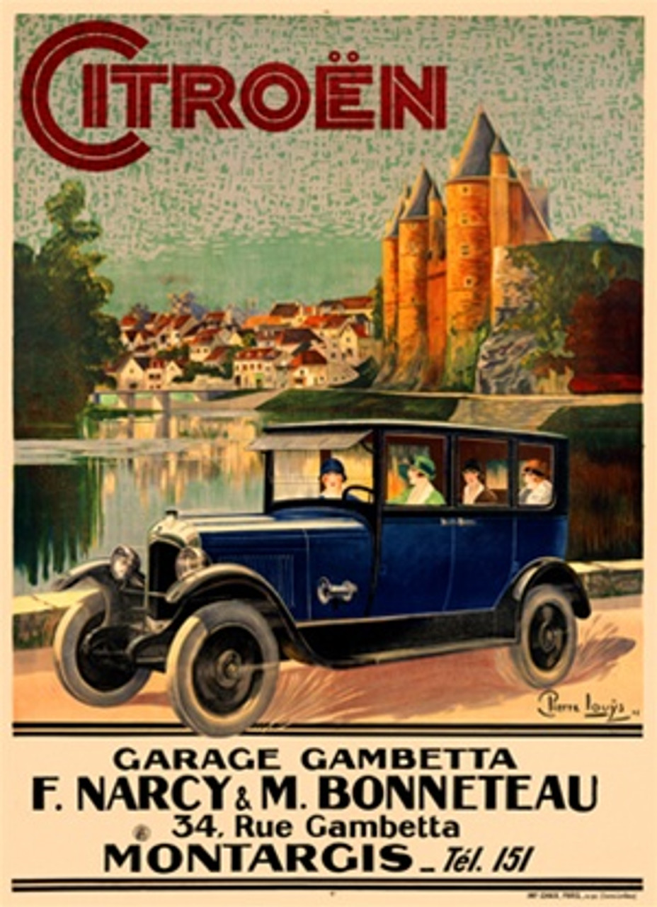 Citroen by Pierre Loueys 1925 France - Vintage Poster Reproductions. This vertical French transportation poster features 4 ladies in a blue car driving over a bridge with a town and castle in the background. Giclee Advertising Print. Classic Posters