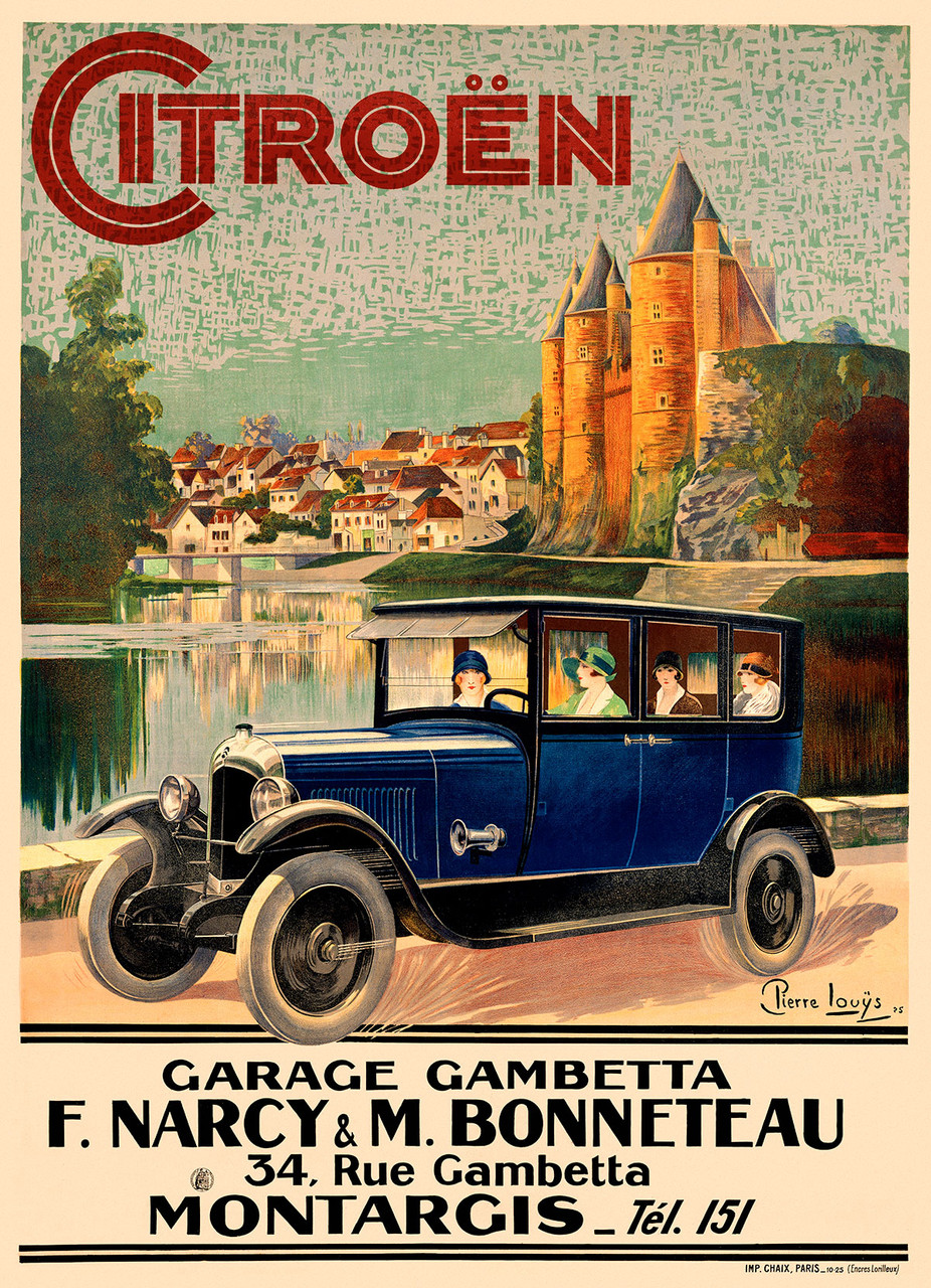 Citroen Vintage Poster by Pierre Loueys 1925 French Automobile & Transportation Advertisement – High Quality Giclee Reproduction Fine Art Print. Featuring a Citroen car with passengers driving through a picturesque village with a castle in the background.