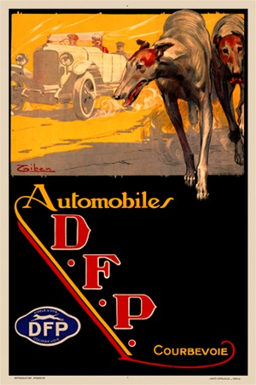 Automobile DFP 1910 France - Beautiful Vintage Poster Reproductions. This vertical French transportation poster features a car in the background with two greyhound dogs next to it on a dirt road. Giclee Advertising Print. Classic Posters