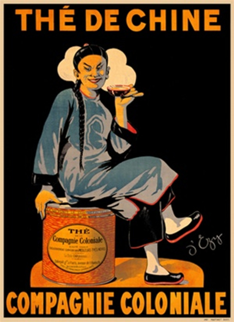 The De Chine by DOzy 1910 France - Beautiful Vintage Poster Reproductions. This vertical French culinary / food poster features an Asian man seated on a large can holding up a glass on a black background. Giclee Advertising Print. Classic Posters