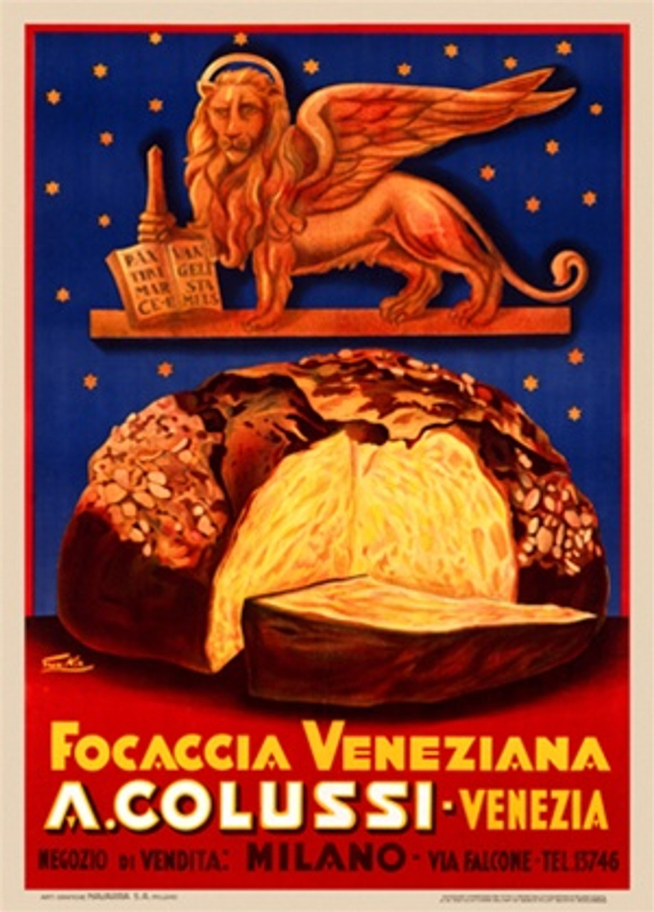 Culinary Focaccia Colussi 1932 Italian - Vintage Poster Reproductions. This Italian culinary / food poster features statue of a lion with wings above a large loaf of bread on blue background with stars. Giclee Advertising Print. Classic Posters