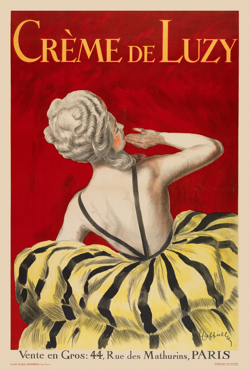 Creme De Luzy by Leonetto Cappiello 1919 Vintage Poster. French poster features a woman in a white wig with her back to us and a yellow and black stripe dress against a red background. Giclee Advertising Print. Classic Reproduction Posters.