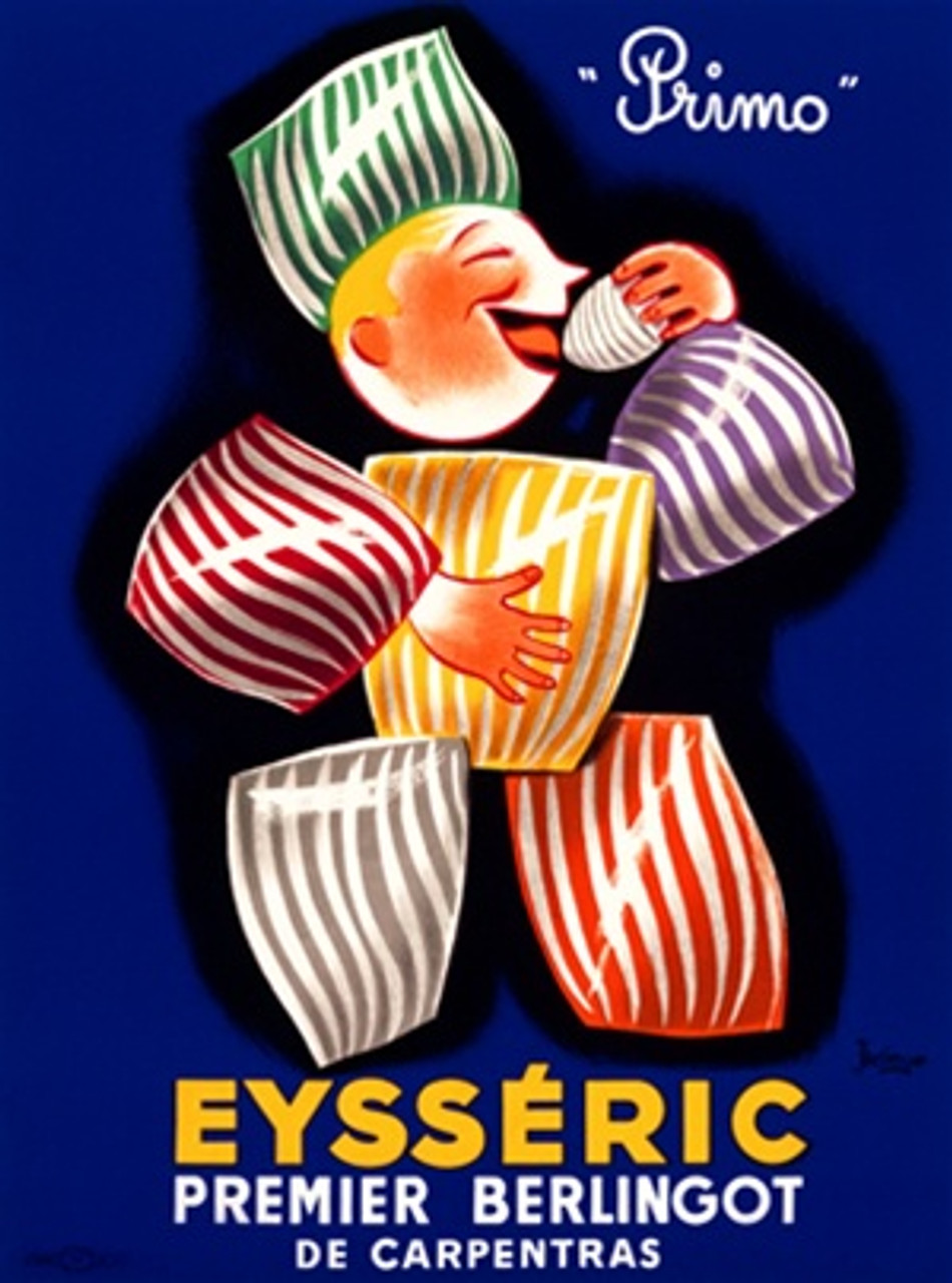 Eysseric poster by Bellenger 1948 France - Beautiful Vintage Posters Reproductions. This vertical French culinary / food poster features a man made of candy eating (licking) a piece of candy on blue background. Giclee Advertising Print. Classic Posters