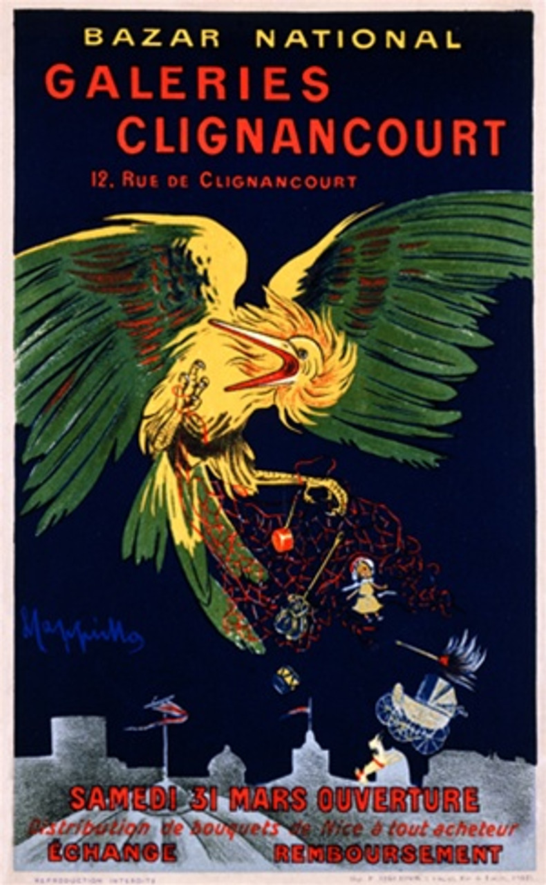 Galleries Clignancourt by Cappiello 1910 France - Beautiful Vintage Poster Reproduction. This French poster advertising a shopping center, Galleries Clignancourt, shows a yellow and green bird flying off with a net full of merchandise. Giclee print