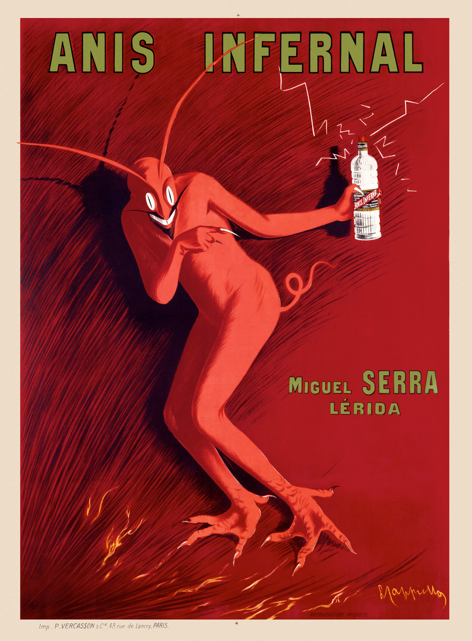 Anis Infernal by Leonetto Cappiello 1905 Vintage Poster Reproduction.  French wine and spirit poster features a red devil on a red background holding up a bottle of infernal liqueur. Giclee advertising print. Classic Posters