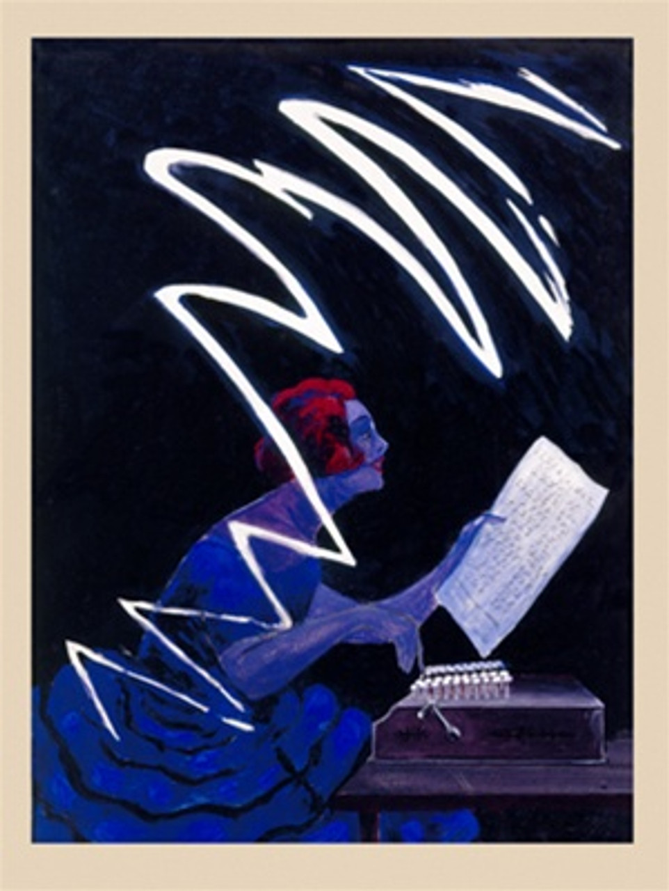 Typewriter Woman Poster by Cappiello 1920 France - Beautiful Vintage Posters Reproductions. This vertical French poster features a women seated at a typewriter holding up a piece of paper. She has red hair a wears a blue dress. Giclee advertising print.