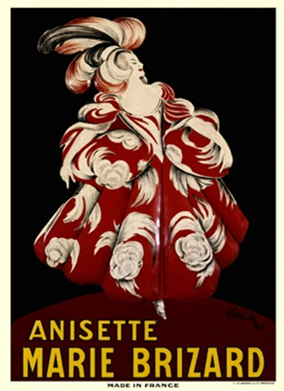 Anisette Marie Brizard by Cappiello 1928 France - Beautiful Vintage Posters Reproductions. This vertical French wine and spirits poster features a elegant women in deep red on a crimson background. Giclee advertising print. Classic Posters