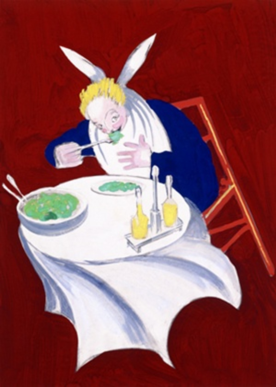 Savora by Cappiello 1929 France - Beautiful Vintage Poster Reproduction. This vertical French poster proof features a man dressed in blue with a napkin around his neck at a table eating against a red background. Giclee advertising print. Classic Posters