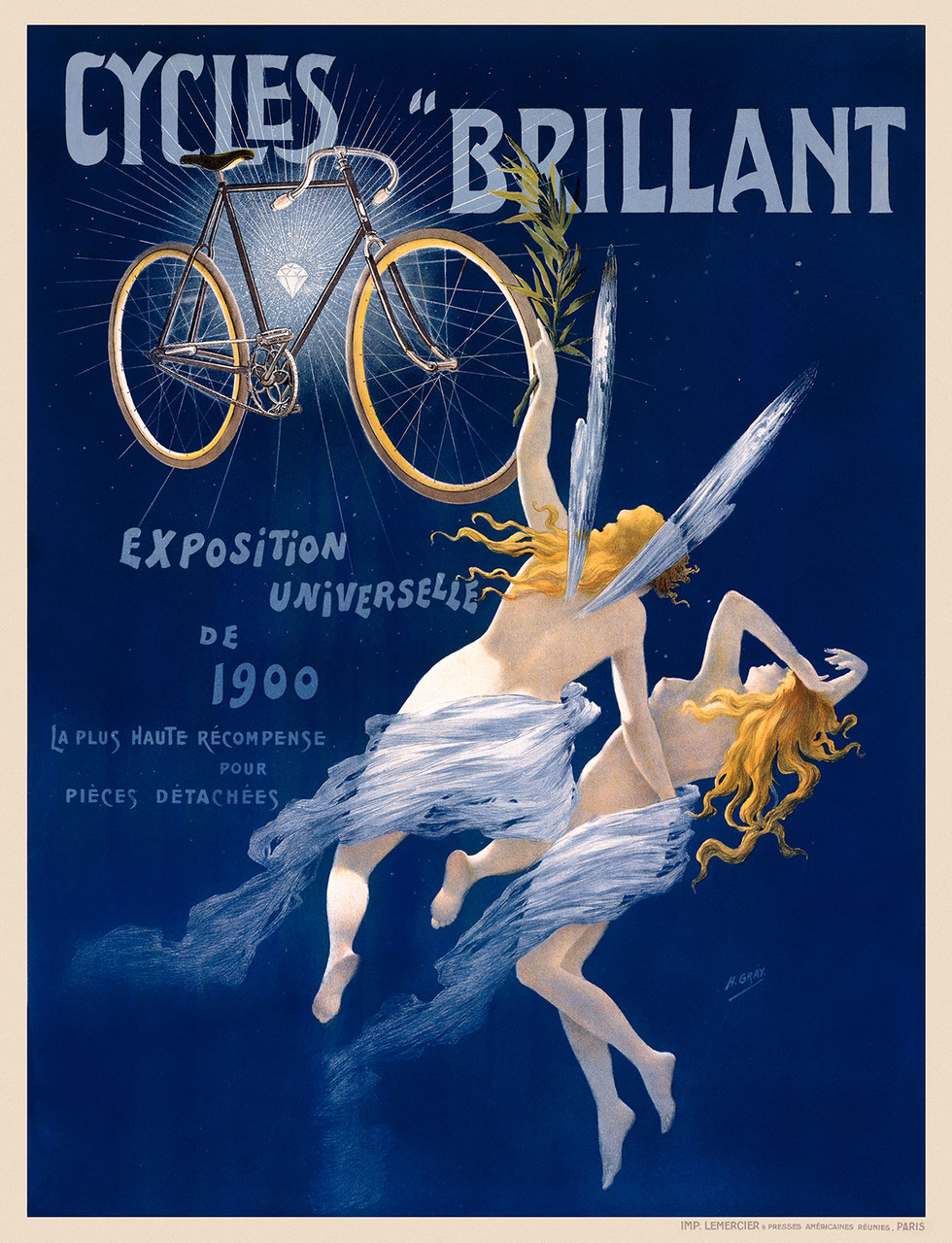 Cycles Brillant Vintage Poster by H. Grey 1900 French Bicycle & Transportation Advertisement – High Quality Giclee Reproduction Fine Art Print. Featuring a glowing bicycle floating in space, illuminated like a jewel, as two ethereal winged women ascend toward it, wrapped in flowing white drapery against a starry blue background.