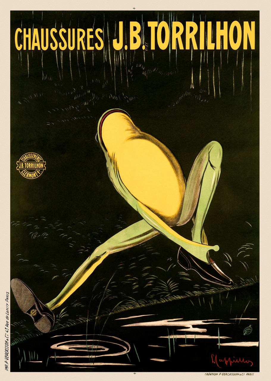 Chaussures J.B. Torrilhon Vintage Poster by Leonetto Cappiello 1906 French Footwear & Fashion Advertisement – High Quality Giclee Reproduction Fine Art Print. Featuring a surreal yellow frog  with long green legs wearing black dress shoes, leaping through a dark marshland under a mysterious nighttime sky.