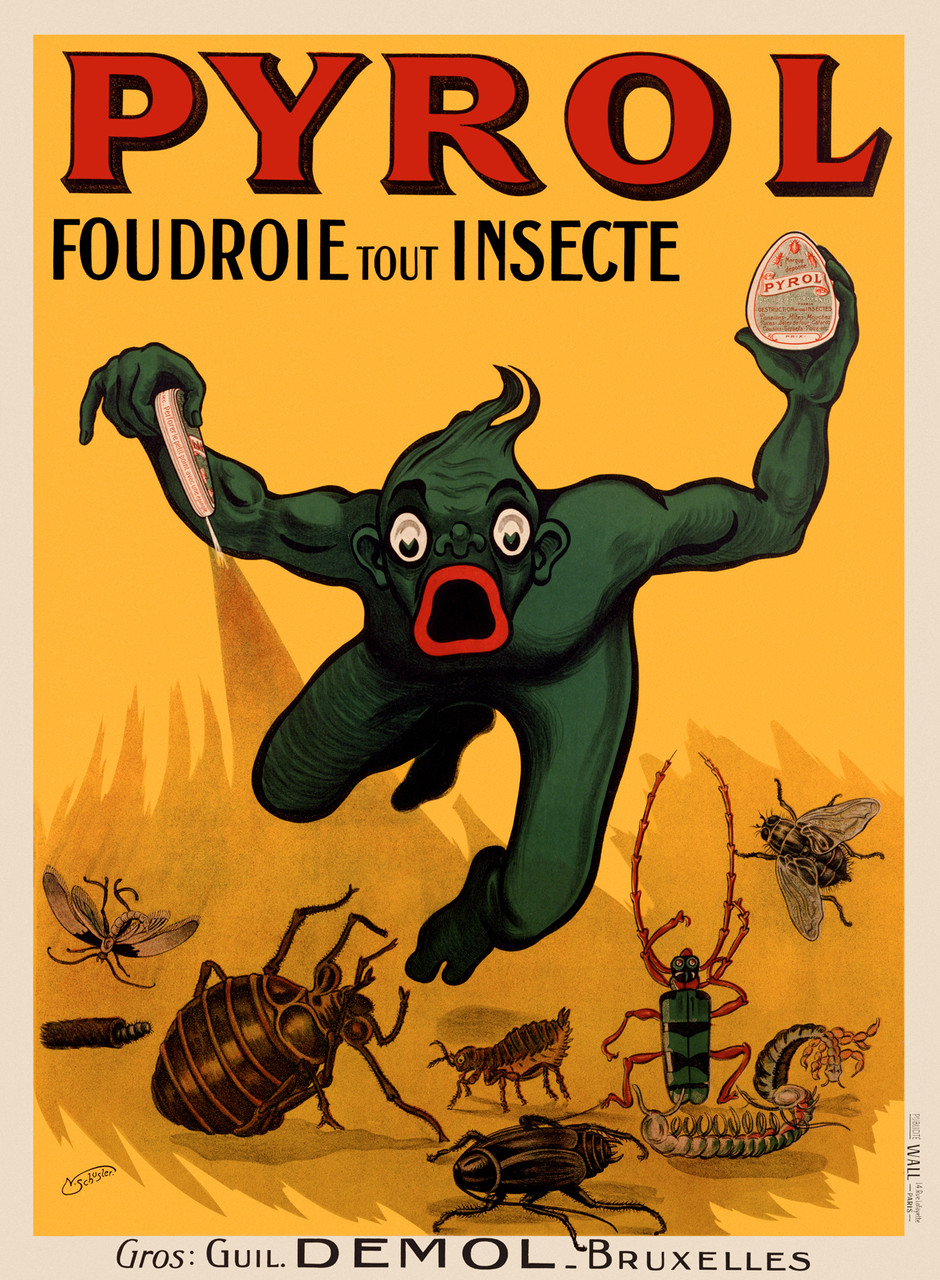 Pyrol Vintage Poster 1920 French Insecticide & Pest Control Advertisement – High Quality Giclee Reproduction Fine Art Print. Featuring a bold green monster like figure with a red mouth spraying insecticide, scattering a dramatic array of bugs against a vivid yellow orange background.