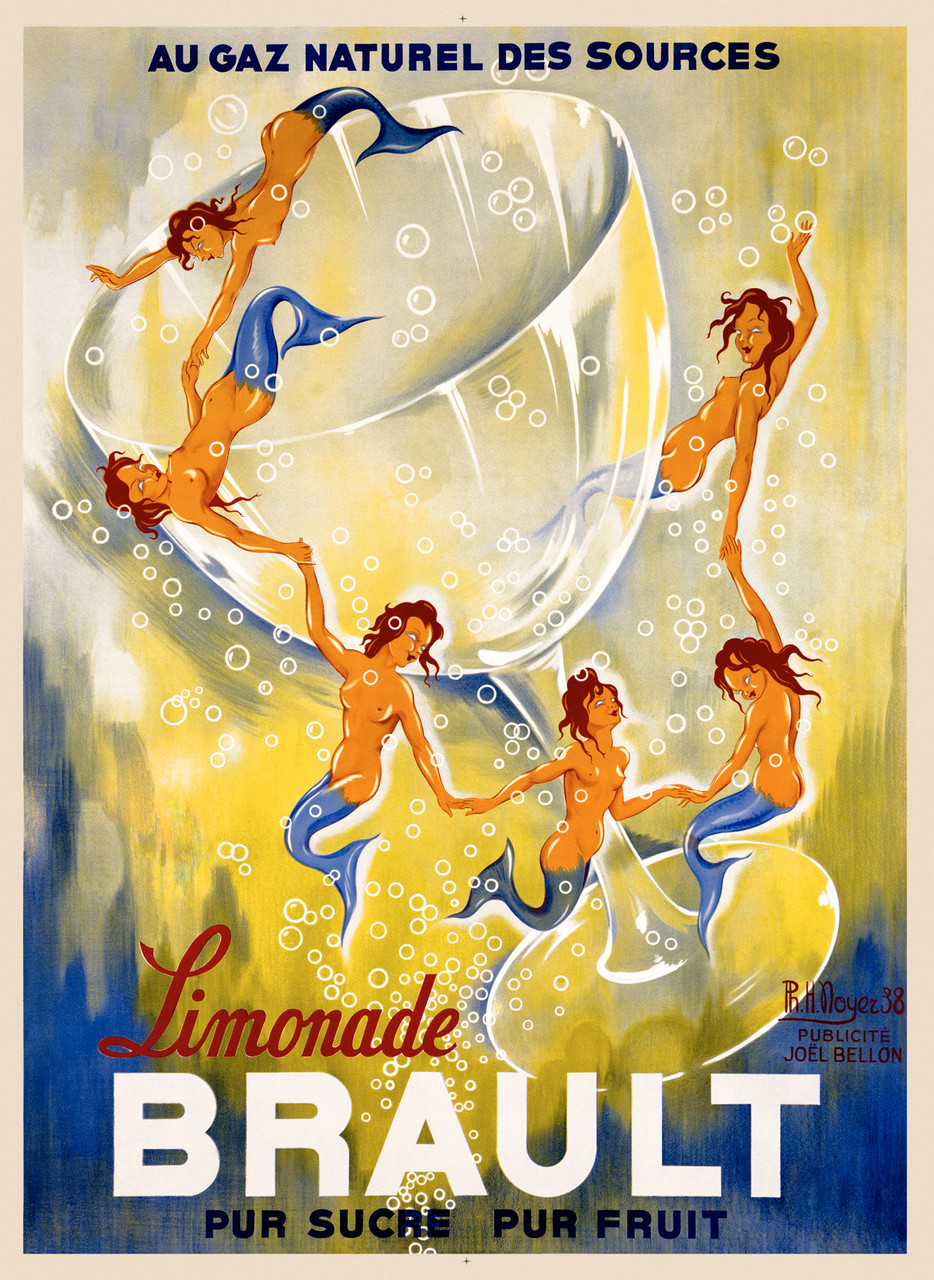 Brault Limonade by Noyer 1938 France Vintage Poster Reproduction. This vertical French culinary / food poster features a large wine glass with mermaids holding hands swimming around it. Giclee Advertising Prints. Classic Posters.