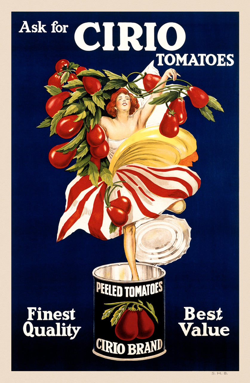 Cirio Tomatoes Vintage Poster by Leonetto Cappiello 1921 Italian Food Advertisement – High Quality Giclee Reproduction Fine Art Print. Featuring a lively woman in a red and white striped dress emerging from a can of peeled tomatoes, surrounded by lush tomato vines, set against a deep blue background.