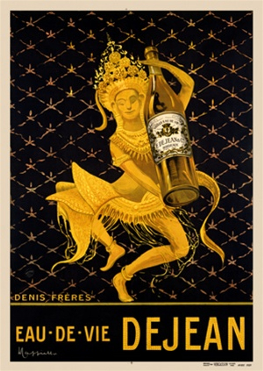Eau De Vie Dejean by Cappiello Poster France - Beautiful Vintage Posters Reproductions. This vertical French water poster features a women dressed in gold indonesian costume holding a large bottle. Giclee advertising print. Classic