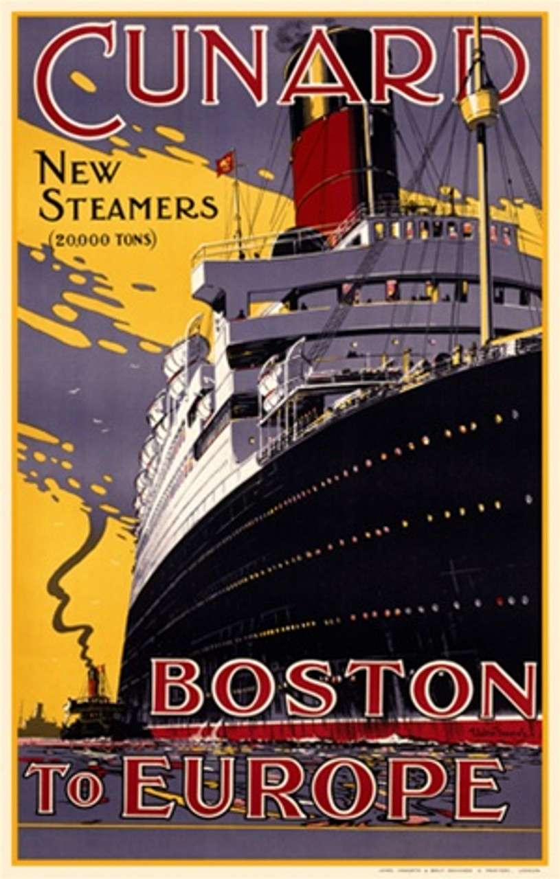 Cunard Vintage Poster by Walter Thomas 1930 English Travel & Transportation Advertisement – High Quality Giclee Reproduction Fine Art Print. Featuring a dramatic perspective of a grand ocean liner with bold red funnels set against a striking yellow sky, capturing the excitement of transatlantic steamship travel.