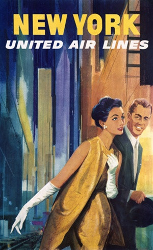 New York United Airlines Vintage Poster 1950 American Fine Art Print.