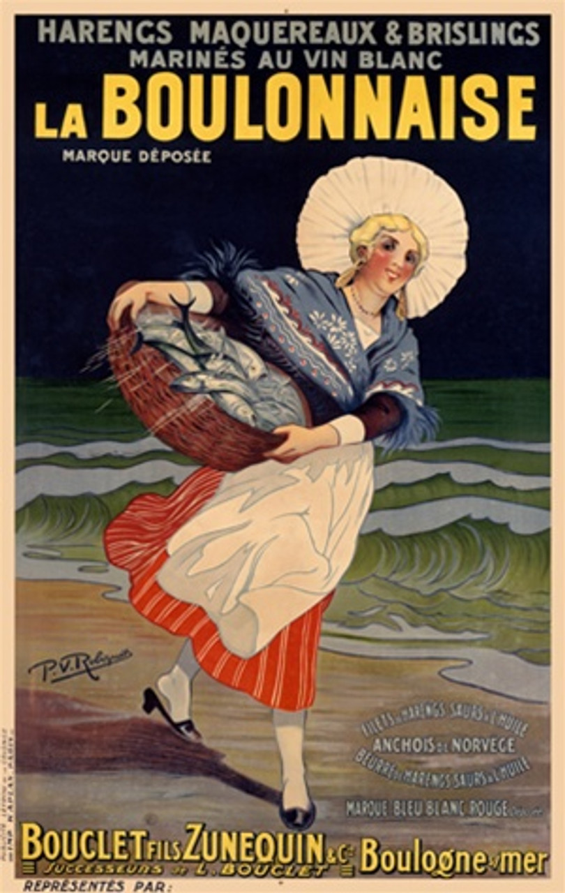 La Boulonnaise 1910 France - Beautiful Vintage Poster Reproductions. French culinary / food poster features a woman in apron and blue shawl walking along the ocean beach holding a basket of fish. Giclee Advertising Print. Classic Posters