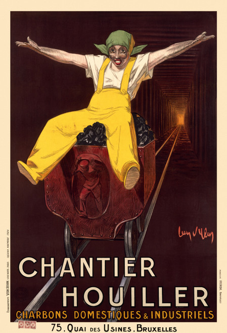 Chantier Houiller Charbons Vintage Poster by Jean d'Ylen 1924 French Mining & Industrial Advertisement – High Quality Giclee Reproduction Fine Art Print. Featuring a cheerful miner in yellow overalls riding a coal cart with arms outstretched, set inside a deep mining tunnel glowing at the end.