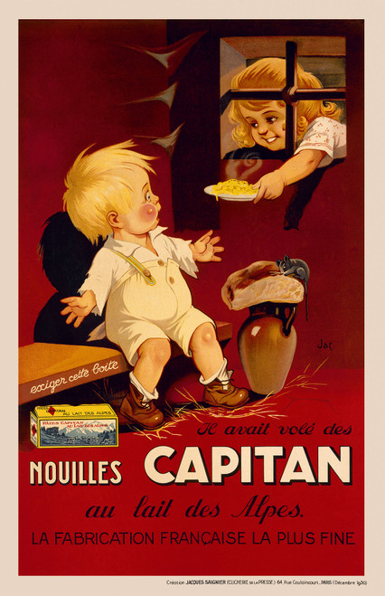 Capitan Nouilles Vintage Poster by JAC 1928 French Pasta & Noodle Advertisement – High Quality Giclee Reproduction Fine Art Print. Featuring a blond child seated in straw with wide eyes as a girl offers a steaming plate of noodles through a rustic window, set against a warm red background with homey kitchen elements.