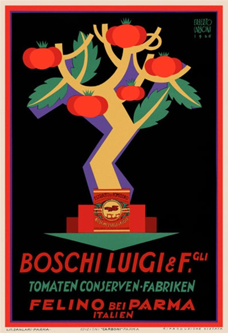 Boschi Luigi Vintage Poster by Erberto Carboni 1926 Italian Tomato Food Product Advertisement – High Quality Giclee Reproduction Fine Art Print. Featuring a stylized tomato tree with bright red fruit and bold leaves emerging from a can, set against a striking black background.